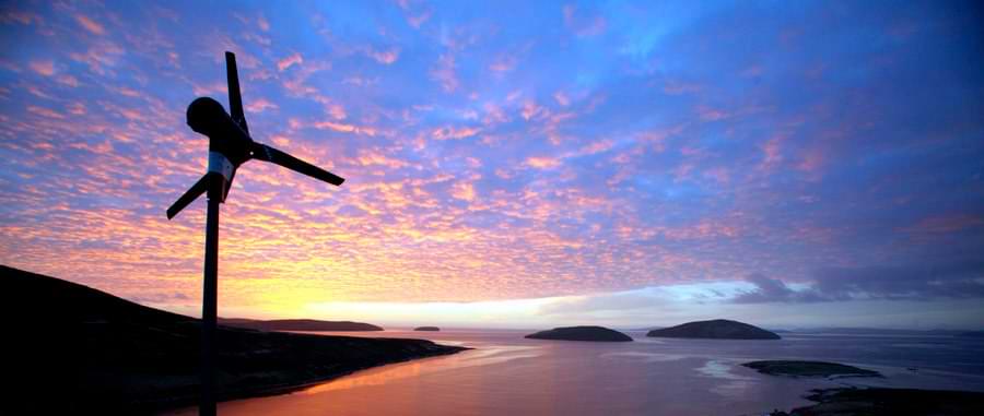 Proven Energy wind turbine sunset